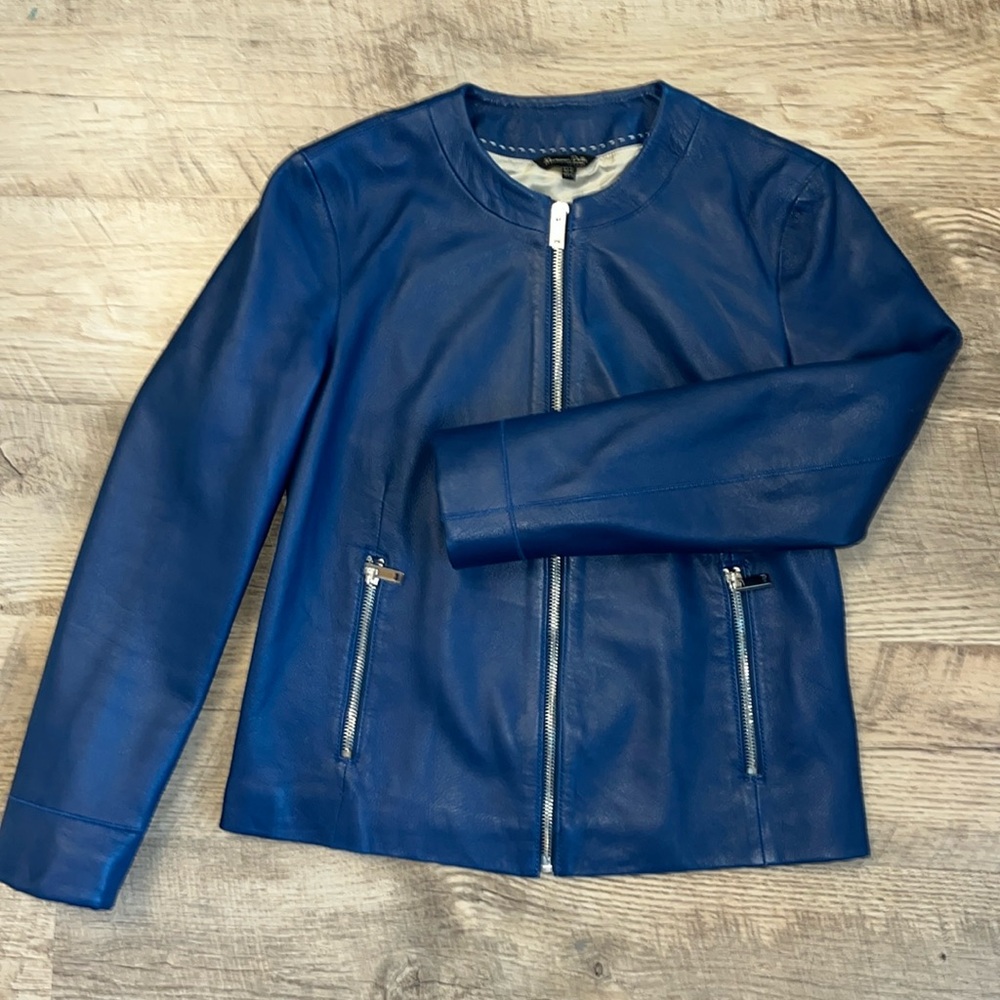 Massimo Dutti Blue Leather Bomber Jacket Collarless Zip Pockets Women's XS